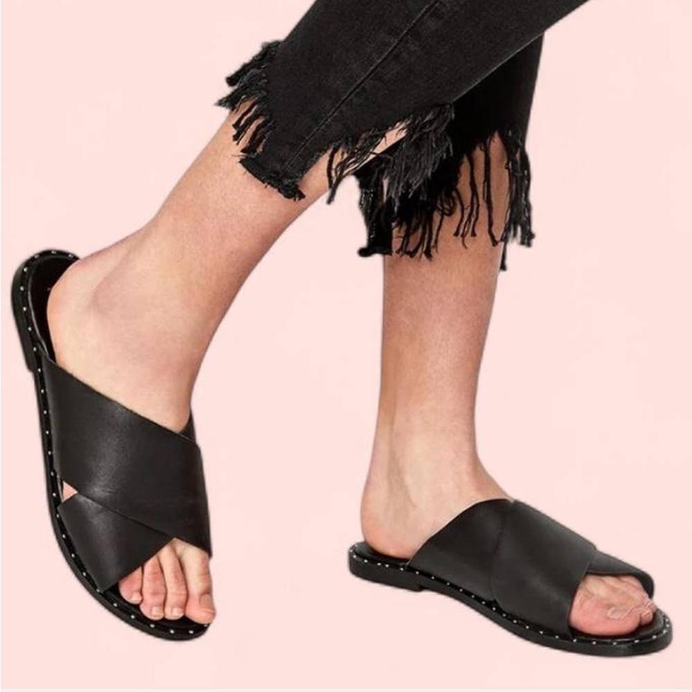 Universal Thread black leather studded cross-strapped slide sandals